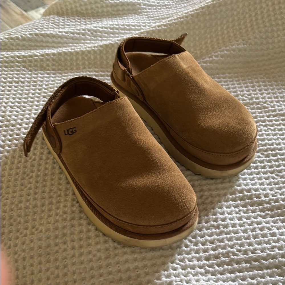UGG Tan Suede Slide Sandals with Cream Platform